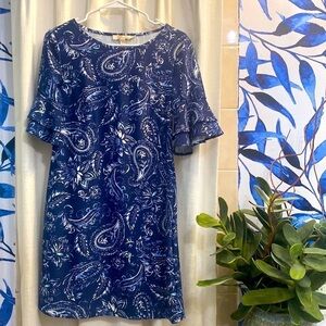 NWOT Women’s Aretha Nylon & Spandex Blue Paisley Ruffle Sleeve Dress Size Small